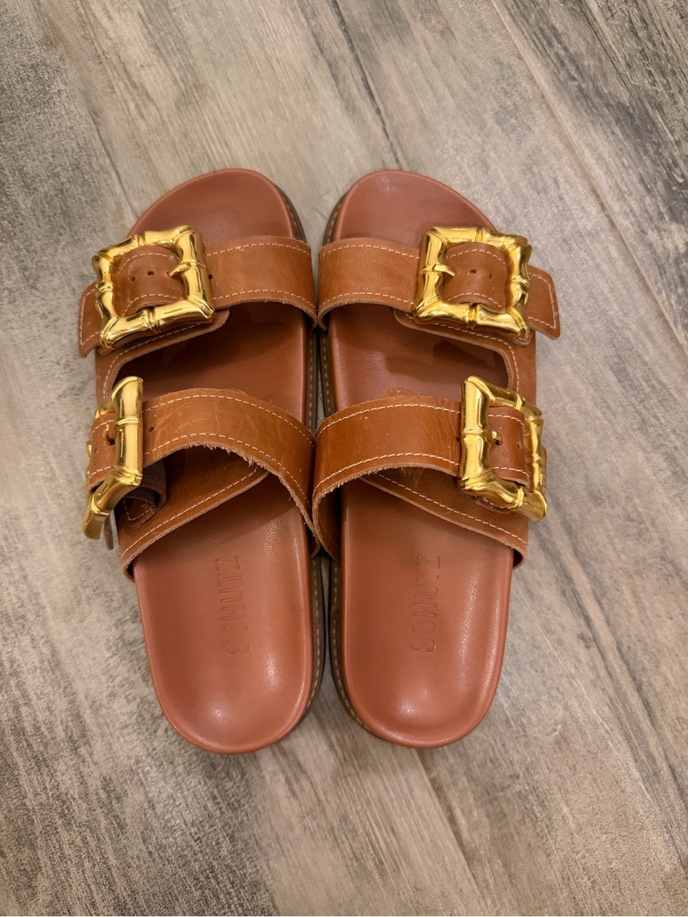 Women's Tan Leather Double-Buckle Slide Sandals with Gold Hardware